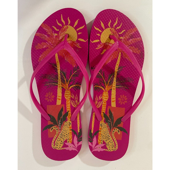 ""Women's OLD NAVY Size 9 Hot Pink Tropical Flip Flops"" - Picture 1 of 10
